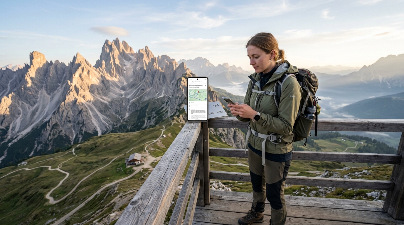 Randonneuse consultant sur son smartphone l'itinéraire préparé par son agence de voyage, face aux Dolomites au lever du soleil