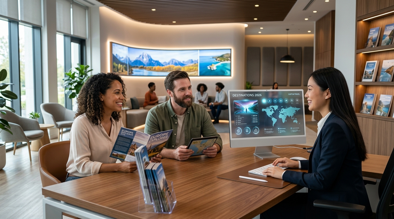 Couple de voyageurs en rendez-vous avec une conseillère en agence de voyage devant un écran de destinations